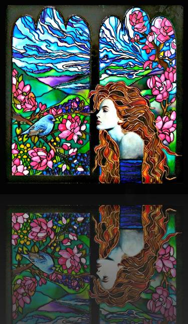 Blue Bird And Woman Fairytale Stained Glass Painting With Light Fantasy Landscape With Abstract Mountains Sky