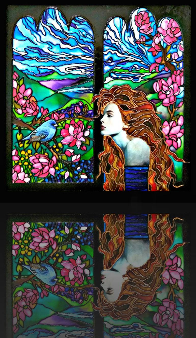 Blue Bird And Woman Fairytale Stained Glass Painting With Light Fantasy Landscape With Abstract Mountains Sky Magnolia Flowers Original Living Room Bedroom Decor Unique Gift For Woman Beautiful Art Nouveau Wall