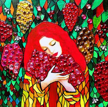 Woman and grape - original portrait photo collage with crystals, unique painting on canvas. Stained glass panel Renaissance art nouveau art deco bohemian wall decor. Aesthetic artwork for living room female boudoir bedroom lobby bar cafe. Gift for woman - Limited Edition of 1 thumb