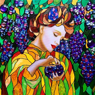 Woman and grape - original portrait photo collage with crystals, unique painting on canvas. Stained glass panel Renaissance art nouveau art deco bohemian wall decor. Aesthetic artwork for living room female boudoir bedroom lobby bar cafe. Gift for woman - Limited Edition of 1 thumb