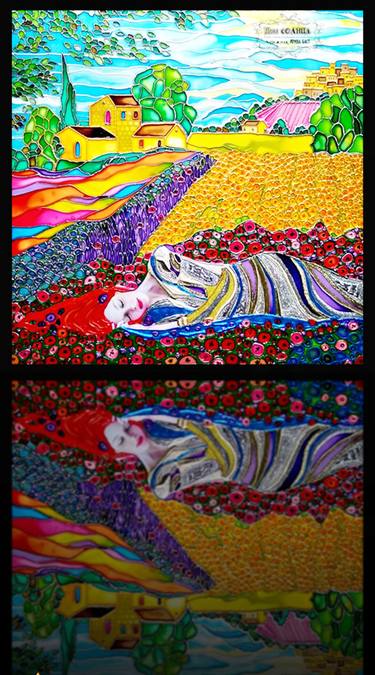 Sleeping woman in flowers - Dream fairytale staned glass painting / wall sculpture with light. Fantasy landscape Italy Tuscany France provence. Original living room bedroom decor. Unique gift for woman. Beautiful art nouveau impressionism art deco thumb