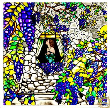 The first autumn wind - Dream fairytale staned glass sculpture painting / wall sculpture with light. Fantasy landscape, Woman with grape and lemon tree. Original living room bedroom decor. Unique gift for woman. Beautiful art nouveau impressionism art deco thumb