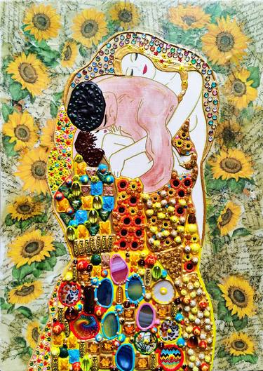 Family portrait painting Gustav Klimt. Man woman child / Father mother baby Floral sunflowers original artwork. Mosaic natural stones decorative wall sculpture for bedroom nursery living room home decor. Gift for parents and wife. Art nouveau art deco thumb
