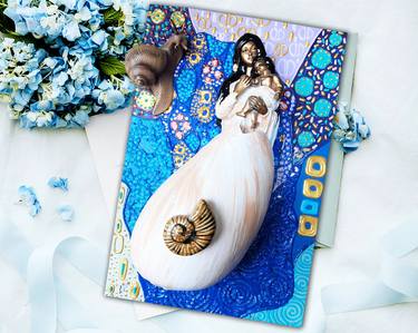 Mother and baby / Woman and child - Original wall sculpture, 3d painting in Gustav Klimt style. Mother and son / mother and daughter fairytale sea shell sculpture for bedroom nursery decor. Gift for woman and mom. Fine art, abstract, art deco, surrealism thumb