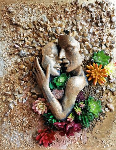 Man and Woman, Love kiss Aesthetic stone Sculpture. Erotic 3d painting Abstract couple portrait. Unique modern home decor. Gift for couple, wife, husband thumb