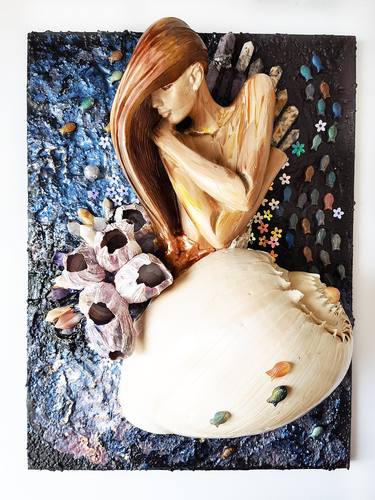 Ocean Goddess. Mermaid. Woman in seashell / snail - original sculpture, 3d wall art. Erotic nude naked woman, surrealism portrait. Nautical coastal beach decor for home. Fairytale fantasy thumb