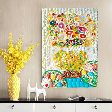 Yellow abstract flowers. Floral wall sculpture panel. Natural stones mosaic art aesthetic decor for living room bedroom dining room kitchen nursery. Gift for mom woman wife. Original artwork thumb