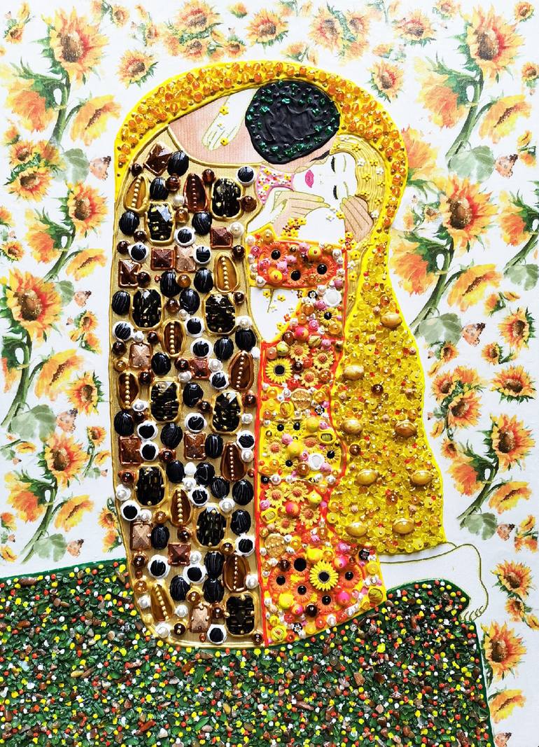 Sunflower Kiss in Gustav Klimt style - original painting on canvas. Man and woman love people portrait. Decorative mosaic natural stones colorful vivid artwork for living room bedroom wall decor. Yellow green orange art. Gift for couple, gift for woman. Art nouveau Art deco