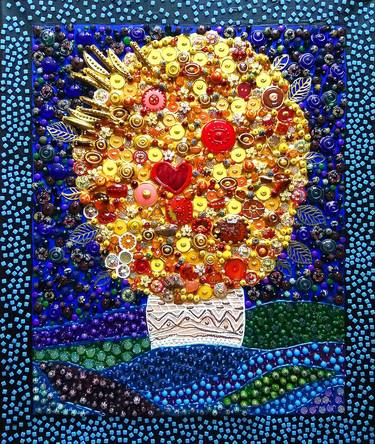 Abstract gold yellow red dark blue flower bouquet. Floral wall sculpture panel. Natural stones mosaic art aesthetic decor for living room bedroom dining room kitchen nursery. Gift for mom woman wife. Original artwork thumb