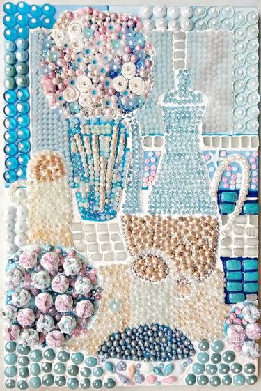 Breakfast near the sea - Still life in blue, natural stones mosaic sea glass abstract blue and white sculpture. Fine art 3d painting with abstract flowers milk cakes berries. Dining room kitchen bedroom living room wall art. Mother's day gift, lovely present for woman, wife. thumb