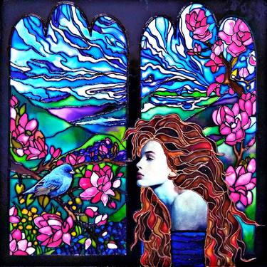 Blue Bird And Woman Fairytale Stained Glass Painting With Light Fantasy Landscape With Abstract Mountains Sky