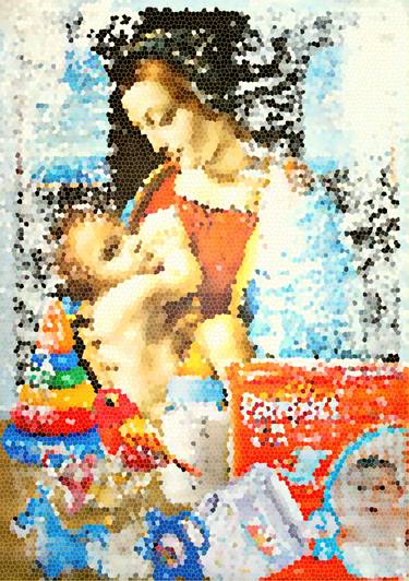 Madonna Litta, Leonardo da Vinci - original photo collage art. Decorative art deco woman and child / mother and baby in pixel style thumb