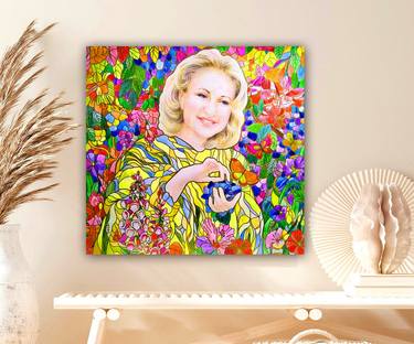 Woman in the garden - watercolor woman portrait, colorful impressionism painting. Realism graphics portrait with vivid flowers and butterflies. Stained glass style art thumb