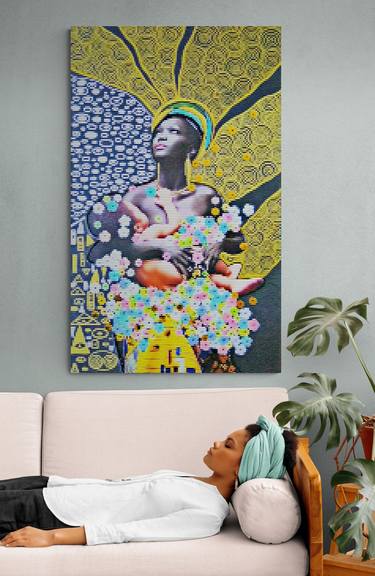 Black Madonna - African American woman with child / Mother and baby art. Unique Gustav Klimt style wall sculpture, decorative mosaic artwork. Art deco / art nouveau beautiful woman, pixel style thumb