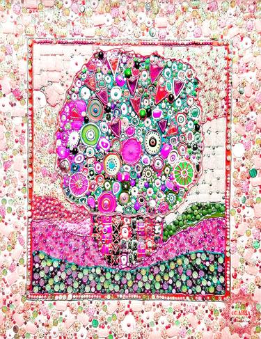 Floral abstract, flowers bouquet. Murano glass natural stones mosaic art wall sculpture. Original 3d wall sculpture. Art for dining room kitchen bedroom living room nursery. Gift for mom woman wife. Mother's day gift. Mixed media still life hot pink thumb