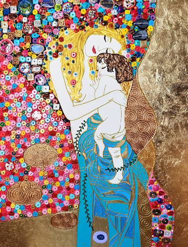 Mother and child (Gustav Klimt inspired) - original vivid large painting on canvas with mosaic & gemstones. Mom and baby art, Mother Daughter / Son - decorative artwork for home decor, living room bedroom nursery wall art. Love gift for wife, woman. Art nouveau Art deco wall art thumb