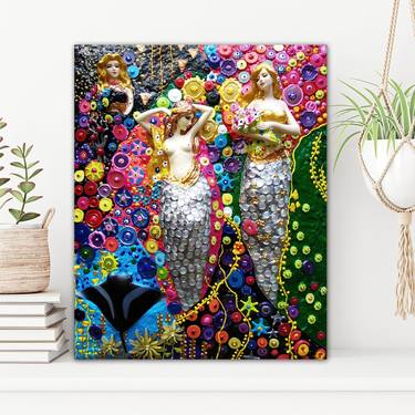 Ocean mermaids - Sculptural 3d painting Gustav Klimt inspired. Women nude erotic mixed media artwork. Surrealism abstract figurative art with gemstones, mosaic. Fantasy wall art thumb