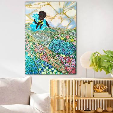 Summer Flowers field. African American art Black Woman and child. Mother and baby / daughter - Large colorful mosaic impressionism art love original thumb