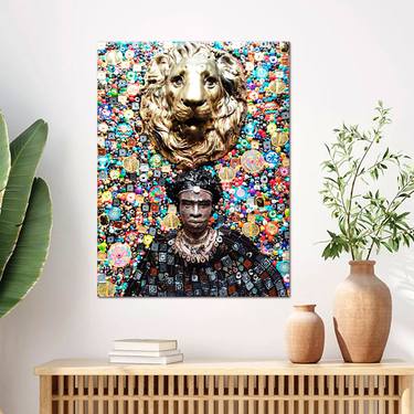 Sculptural 3d painting Black man and lion. African man portrait, male sculpture. Original mosaic wall art for living room hall lobby. Gift for man woman thumb