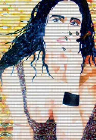 original gold collage painting, mosaic art. Decorative art deco beautiful woman in pixel style. 3d wall art portrait for home interior. Perfect gift for a woman. Unique artwork thumb