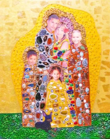 Family Gustav Klimt, Father mother and kids original 3d wall sculpture mosaic painting. Man woman children love people portrait. Large colorful vivid artwork. Living room bedroom wall decor thumb