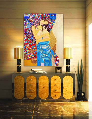 Custom family portrait Twin Mom portrait. Mother and child Gustav Klimt original painting canvas. Woman children, Mom kids / babies, mother daughters/ sons - decorative blue artwork for home decor, living room bedroom nursery wall art. Love gift for wife, woman. Mother gift. Decorative natural stones mosaic art. Art nouveau art deco 3D wall art thumb