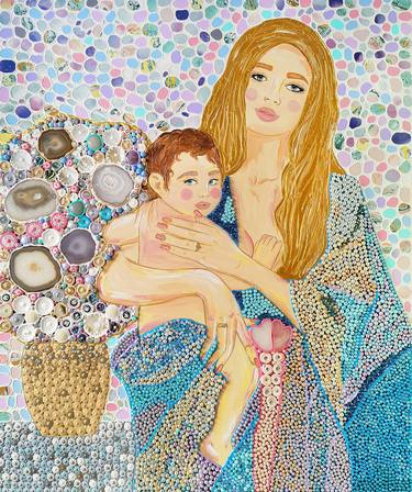 Large sculptural 3d painting Mother and child. Natural gemstones thumb