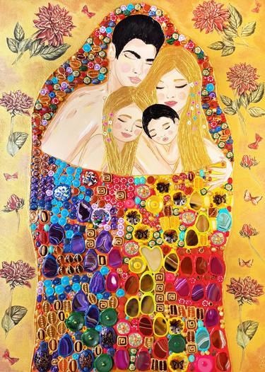 FAMILY PORTRAIT. FATHER, MOTHER, KIDS. GUSTAV KLIMT. GEMSTONES mosaic original 3d sculptural painting, vivid wall art thumb