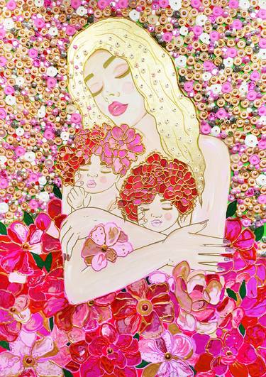 Pink painting mosaic Mother & daughters / mother & babies thumb