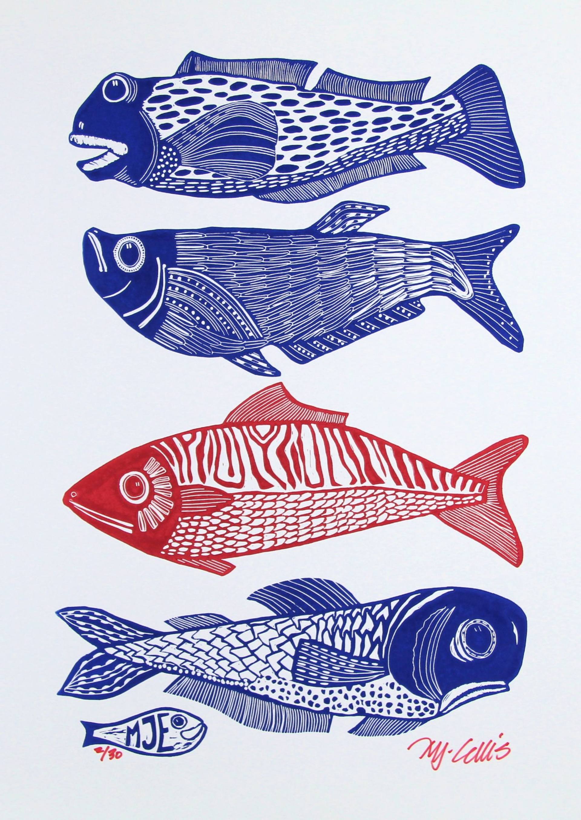 Four Fish, red and blue Printmaking by Mariann Johansen-Ellis