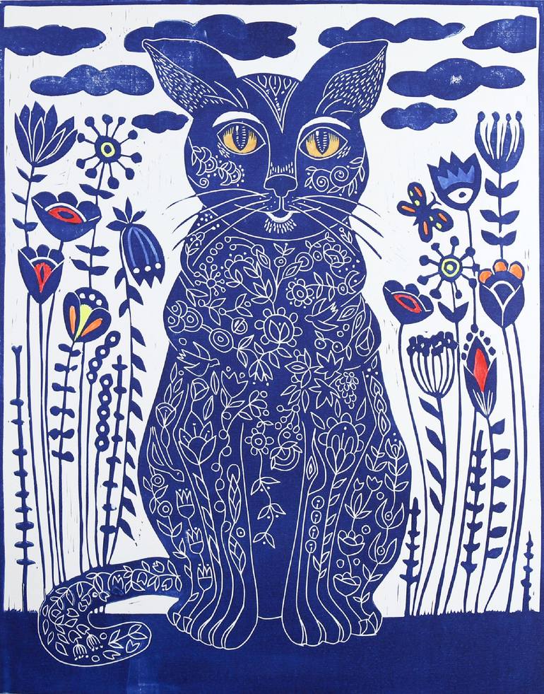 Original Folk Cats Printmaking by Mariann Johansen-Ellis