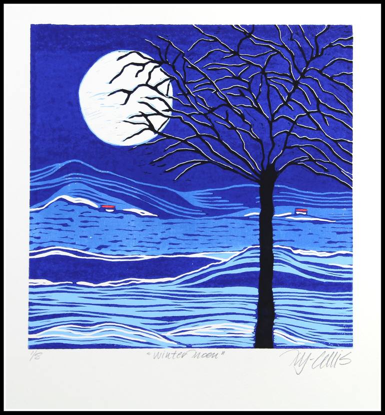 Linocut Print - Mountain & Moon - Large Framed Block Print Wall