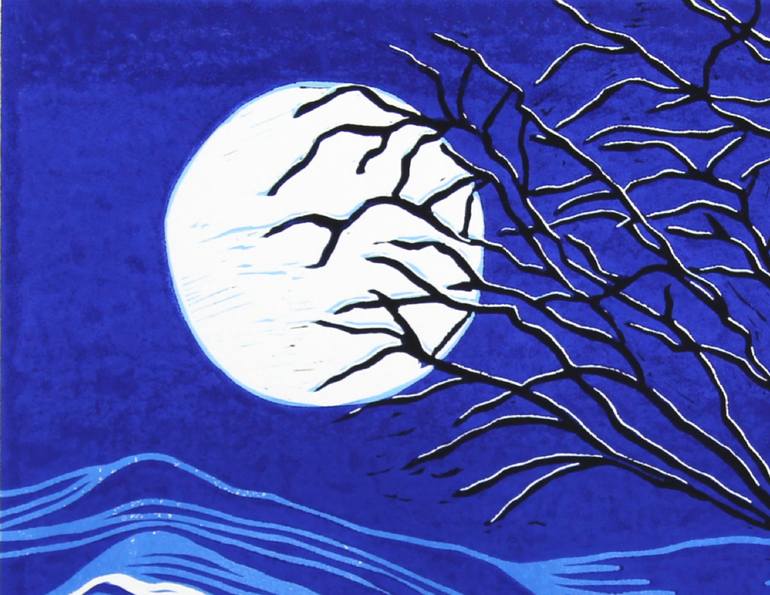 Linocut Print - Mountain & Moon - Large Framed Block Print Wall