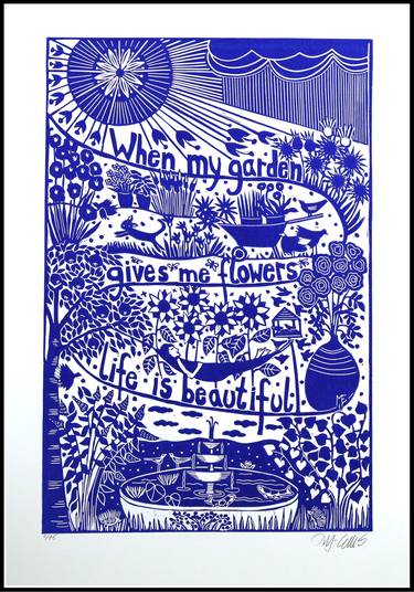 My Garden, blue and white xl linocut thumb