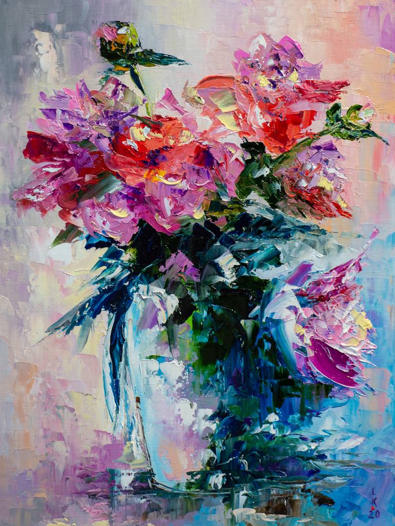 Red flowers in vase(FRAMED) Painting by Liubov Kuptsova | Saatchi Art