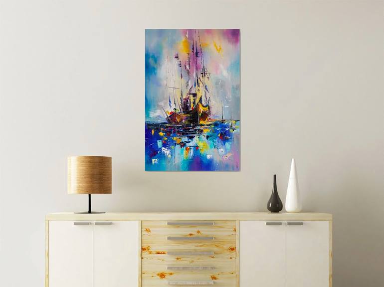 Original Abstract Sailboat Painting by Liubov Kuptsova