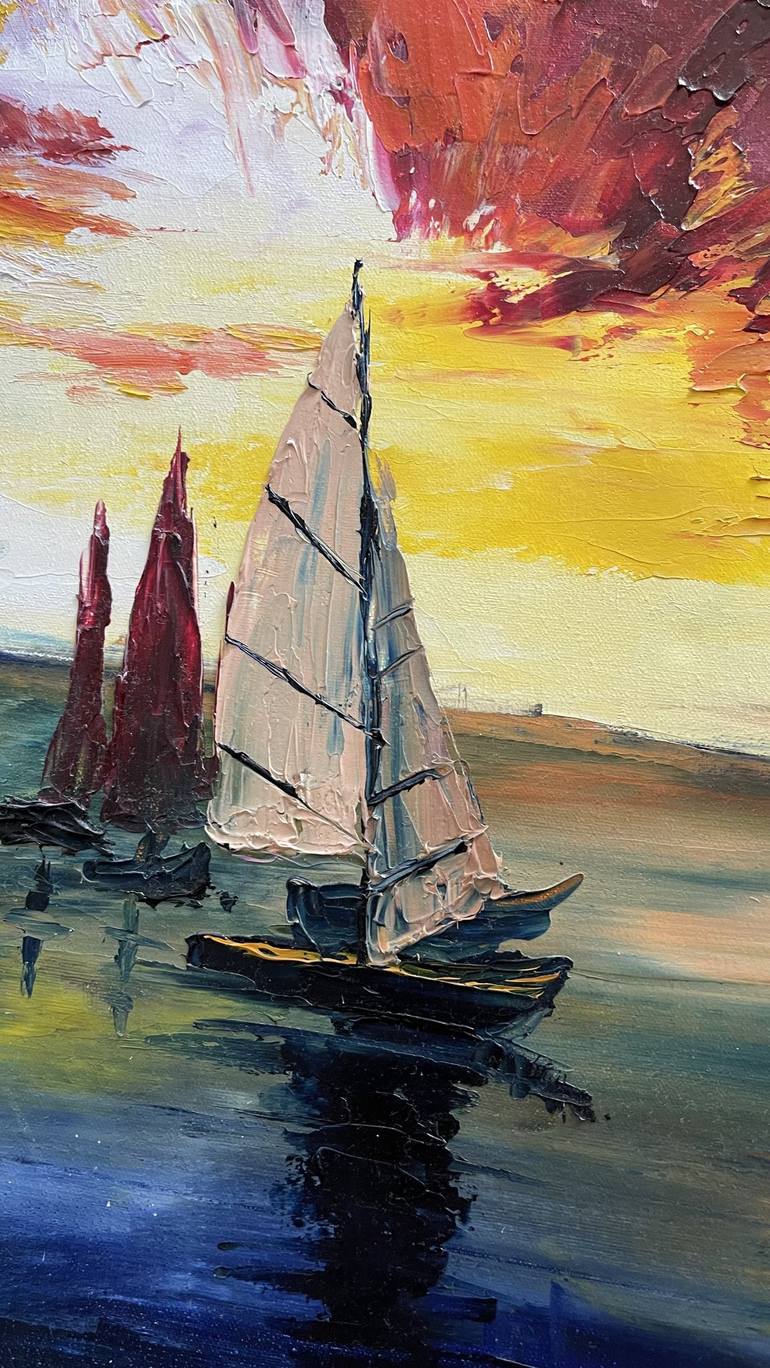 Original Sailboat Painting by Anastasiia Novitskaya