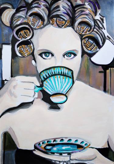 Girl with curlers and coffee / 51 x 35 cm thumb