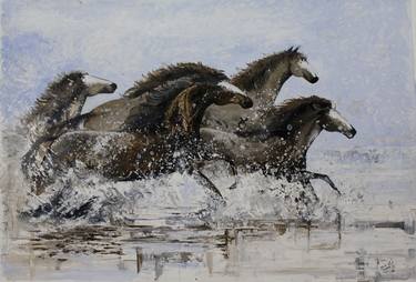 Horses running in water thumb