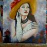 Portrait of woman with 1950s style hat - made with acrylic colors and oil colors on the table - signed on the front