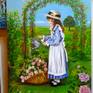 A girl in a beautiful garden full of roses - made with oil paints on canvas 70 cm 50x cm - signed on the front