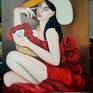 Portrait of a girl in a red dress with a basket of roses - painted with oil paints on canvas 60x70 cm - signed on the front and colored also on the edges - it can also be hung without a frame