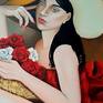 Portrait of a girl in a red dress with a basket of roses - painted with oil paints on canvas 60x70 cm - signed on the front and colored also on the edges - it can also be hung without a frame