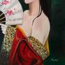 Portrait of geisha with fan - painted with oil colors on canvas of 50x70 cm - signed on the front and colored also on the edges, it can also be hung without a frame