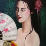 Portrait of geisha with fan - painted with oil colors on canvas of 50x70 cm - signed on the front and colored also on the edges, it can also be hung without a frame