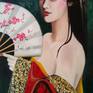 Portrait of geisha with fan - painted with oil colors on canvas of 50x70 cm - signed on the front and colored also on the edges, it can also be hung without a frame