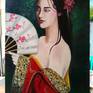 Portrait of geisha with fan - painted with oil colors on canvas of 50x70 cm - signed on the front and colored also on the edges, it can also be hung without a frame