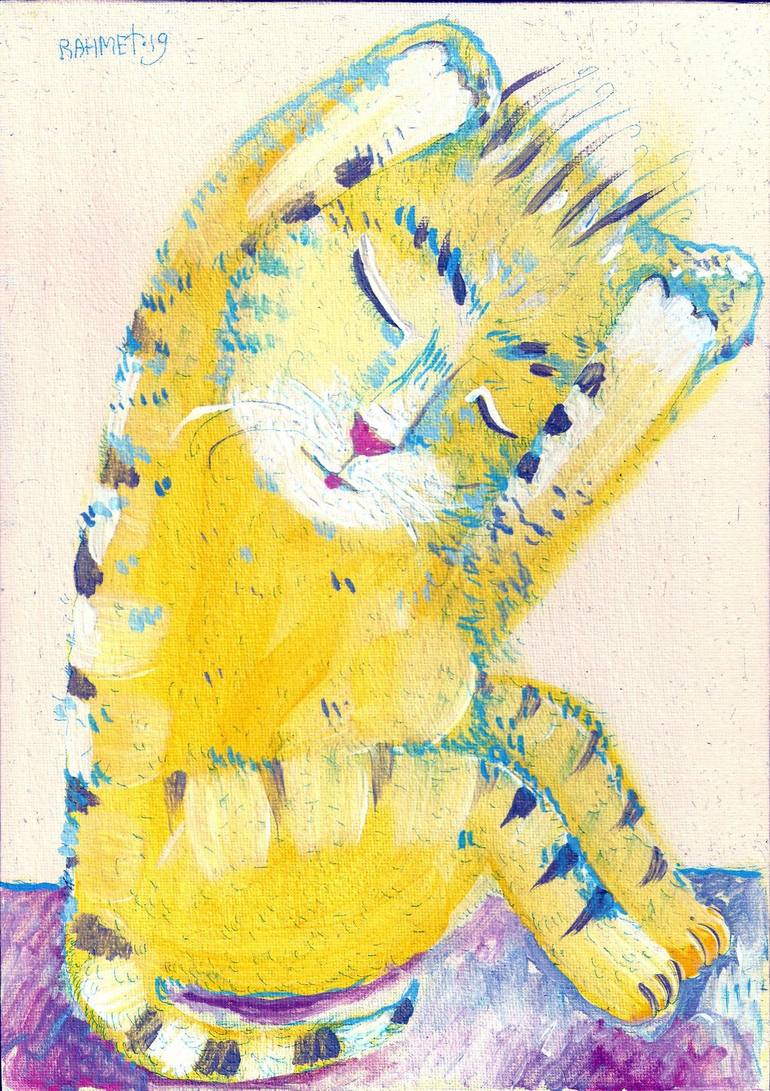 Original Expressionism Cats Painting by Rakhmet Redzhepov