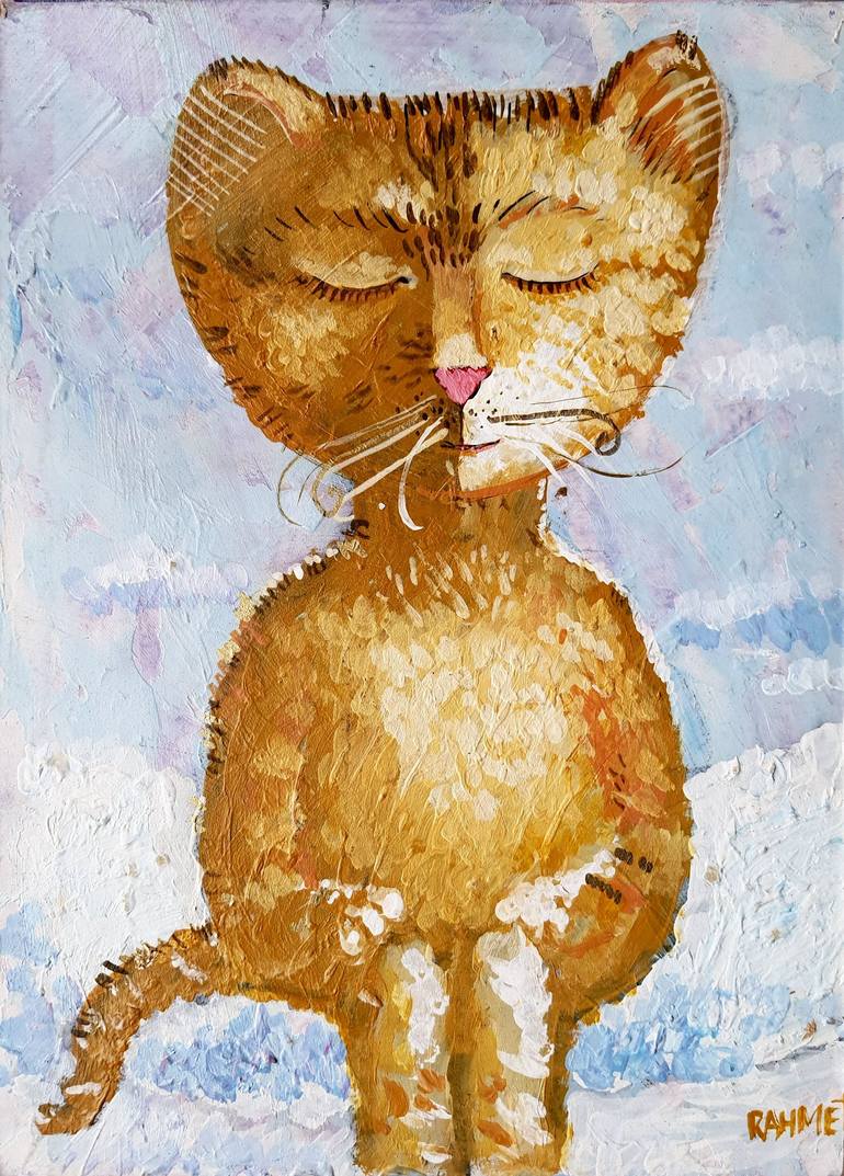 Original Impressionism Cats Painting by Rakhmet Redzhepov