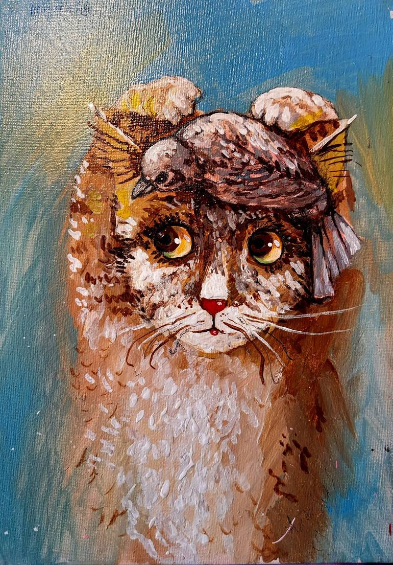 Original Impressionism Cats Painting by Rakhmet Redzhepov